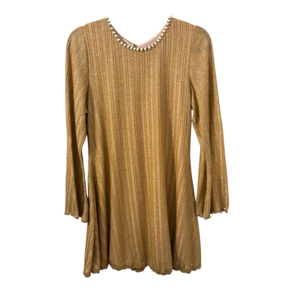 Waimari Gold Metallic Knit Mini Dress Pearl Trim, M